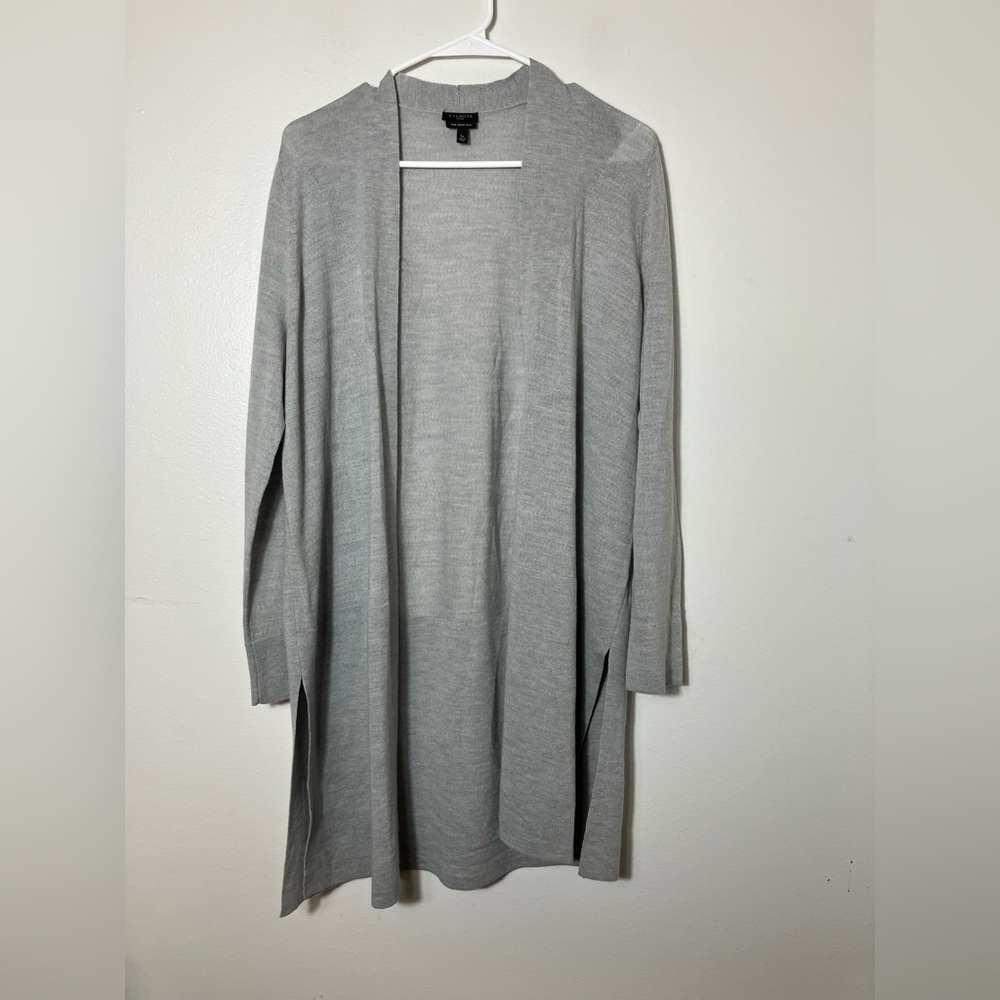 Talbots Open Front Long Cardigan 100% Merino Wool Women’s Lp Gray Preppy minimal